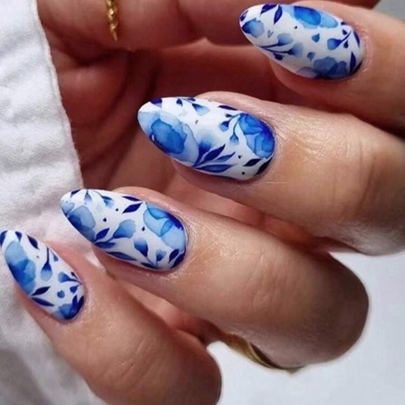 None Other - Resort Almond Floral Blue Press-On Nails 24 Set